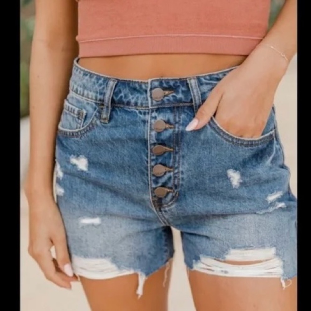 Blue Distressed Jean Shorts with Frayed Hem